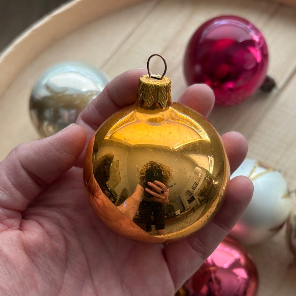 Vintage Holiday Glass Ball Ornament Set - Gold, Pink, Green, Silver Metal Caps - Picture 8 of 12